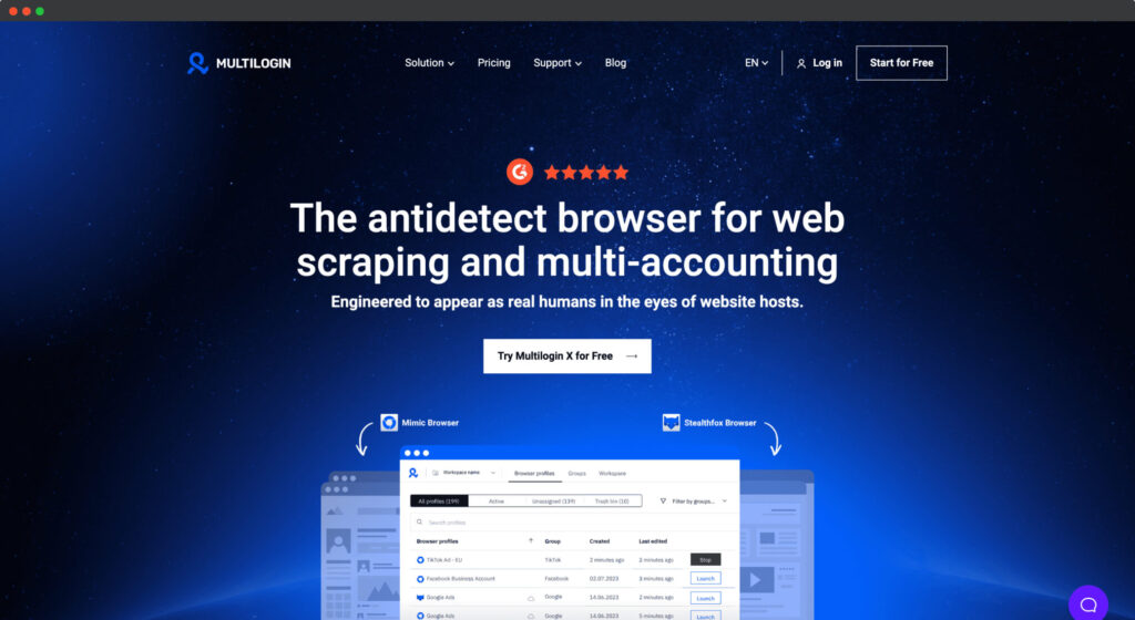 Safe launch of accounts with anti-detection browser Multilogin